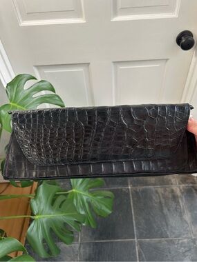 Alexis David Black Croc-Embossed Leather Foldover Clutch